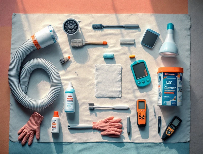Flat-lay of HVAC mold remediation equipment including coil inspection camera, calibrated air sampling pump, foaming coil cleaner, HEPA vacuum, negative-pressure duct cleaning system, and mini-split cleaning kit
