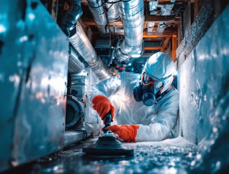 HVAC technician applying foaming coil cleaner to a mold-affected evaporator coil inside an air handler cabinet in a Hialeah home with HEPA vacuum staged for containment