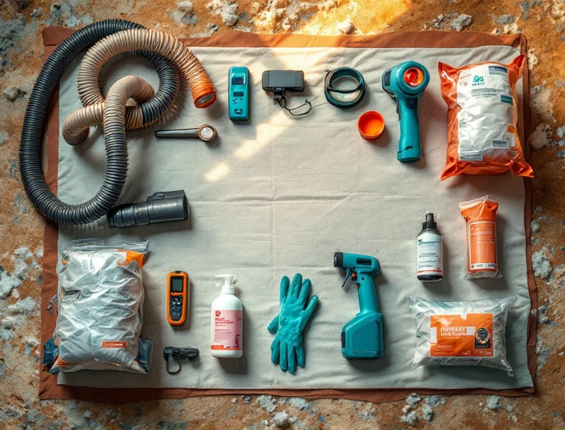 Flat-lay of attic mold remediation equipment including thermal camera, moisture meter, HEPA vacuum, borate antimicrobial, encapsulant, and ventilation flow meter