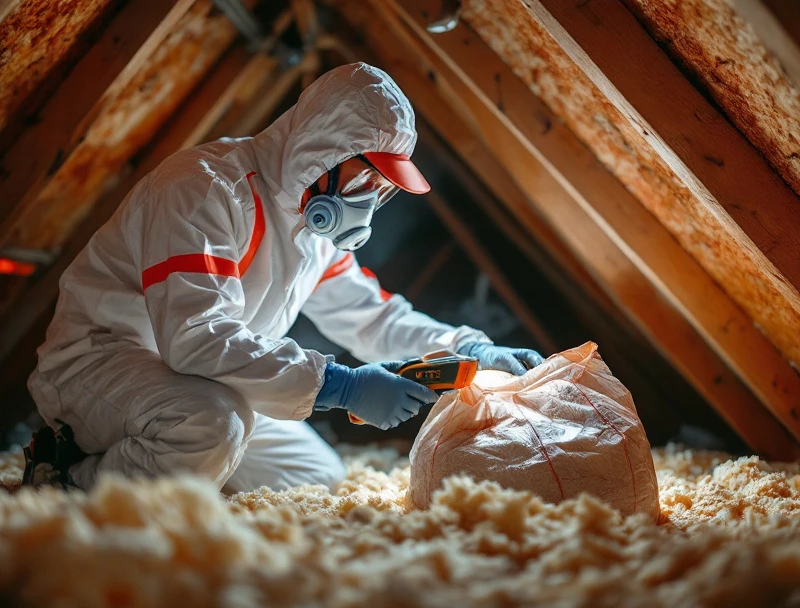 Attic remediation technician applying encapsulant to treated roof-deck sheathing in a Hialeah home after HEPA vacuuming and antimicrobial treatment