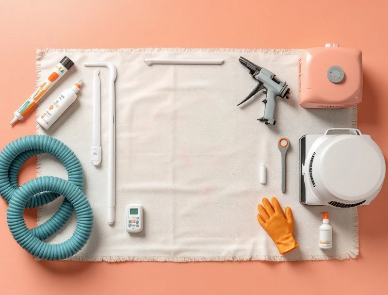 Flat-lay of bathroom mold assessment and remediation equipment including pin moisture meter, capacitance meter, oscillating multi-tool, HEPA vacuum, DensShield cement board, and mold-resistant caulk
