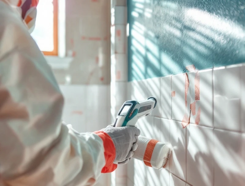Bathroom shower wall during tile removal showing mold-affected drywall substrate behind ceramic tile in a Hialeah home