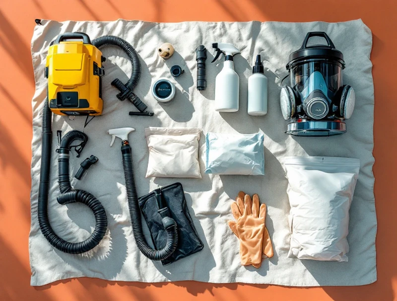 Flat-lay of black mold remediation equipment including HEPA air scrubber, 6-mil poly sheeting, zipper door, full-face respirator, and Tyvek coveralls