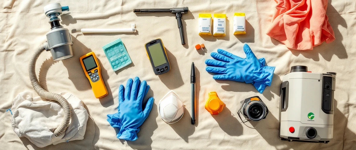 Overhead flat-lay of professional mold remediation equipment on a canvas drop cloth in Florida light