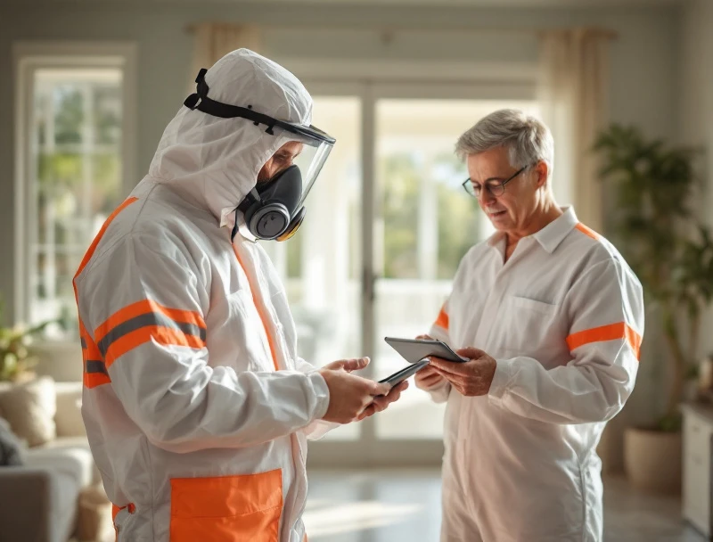 Technician explaining the mold remediation process to a Hialeah homeowner on a tablet in a bright living room