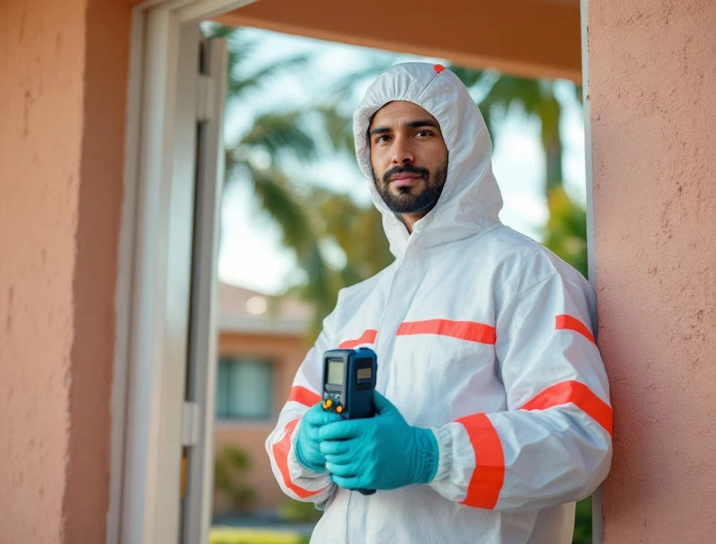 Remediation specialist holding a moisture meter in the doorway of a concrete-block Hialeah home