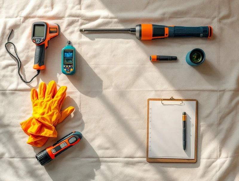 Flat-lay of mold inspection equipment including an infrared camera, moisture meters, air sampling pump, and spore trap cassettes