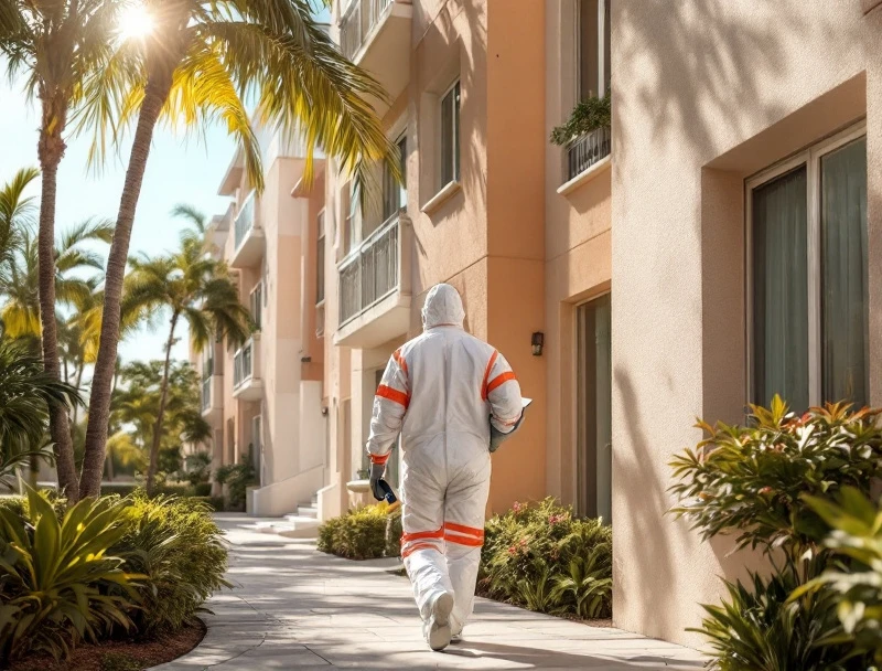 Mold assessor arriving at a mid-rise concrete-block Hialeah apartment building for a pre-purchase inspection