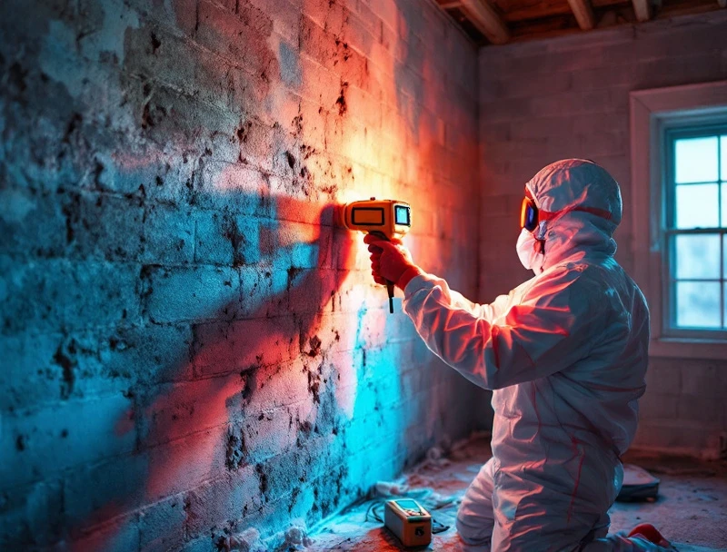 Inspector using a thermal imaging camera and moisture meter to survey a Hialeah wall cavity