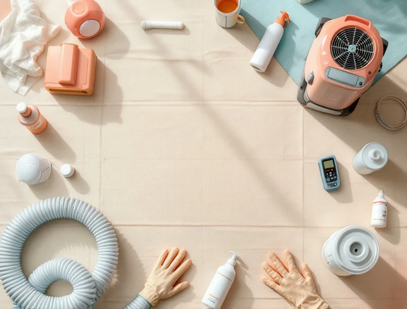 Flat-lay of mold remediation equipment including a negative-air machine, HEPA scrubber, and commercial dehumidifier