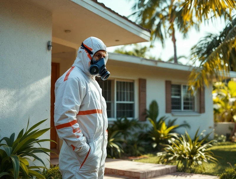 Mold remediation crew working in a post-storm Hialeah single-family home with concrete block construction