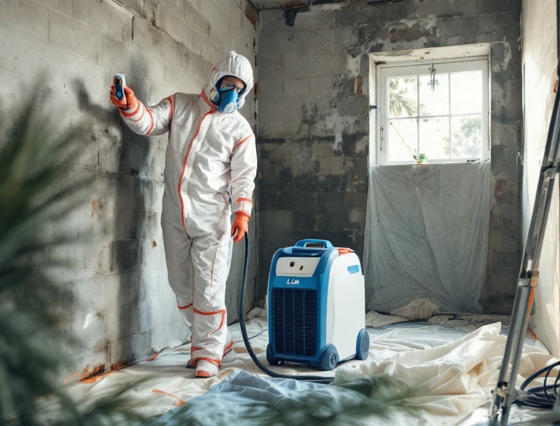 Mold remediation technician setting up negative-air containment in a Hialeah living room