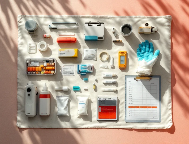 Flat-lay of mold testing equipment including calibrated air pump, spore trap cassettes, swab kits, and chain-of-custody forms