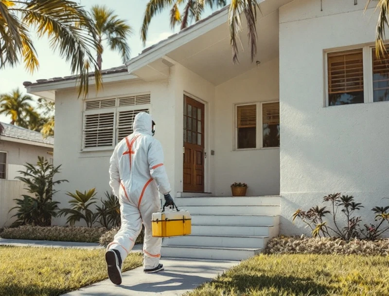 Mold testing technician collecting an outdoor baseline air sample in a Hialeah residential neighborhood